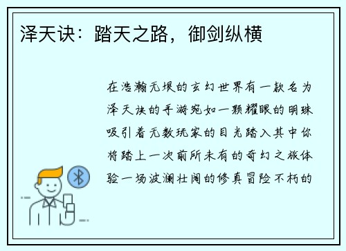 泽天诀：踏天之路，御剑纵横